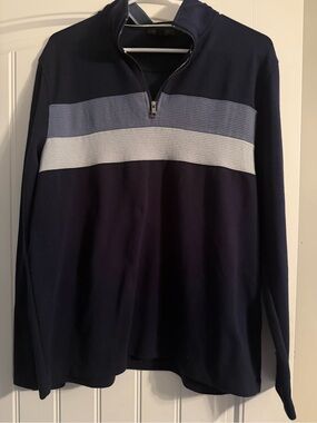 Magaschoni Navy Quarter-Zip Sweater with Light Blue and White Stripes
